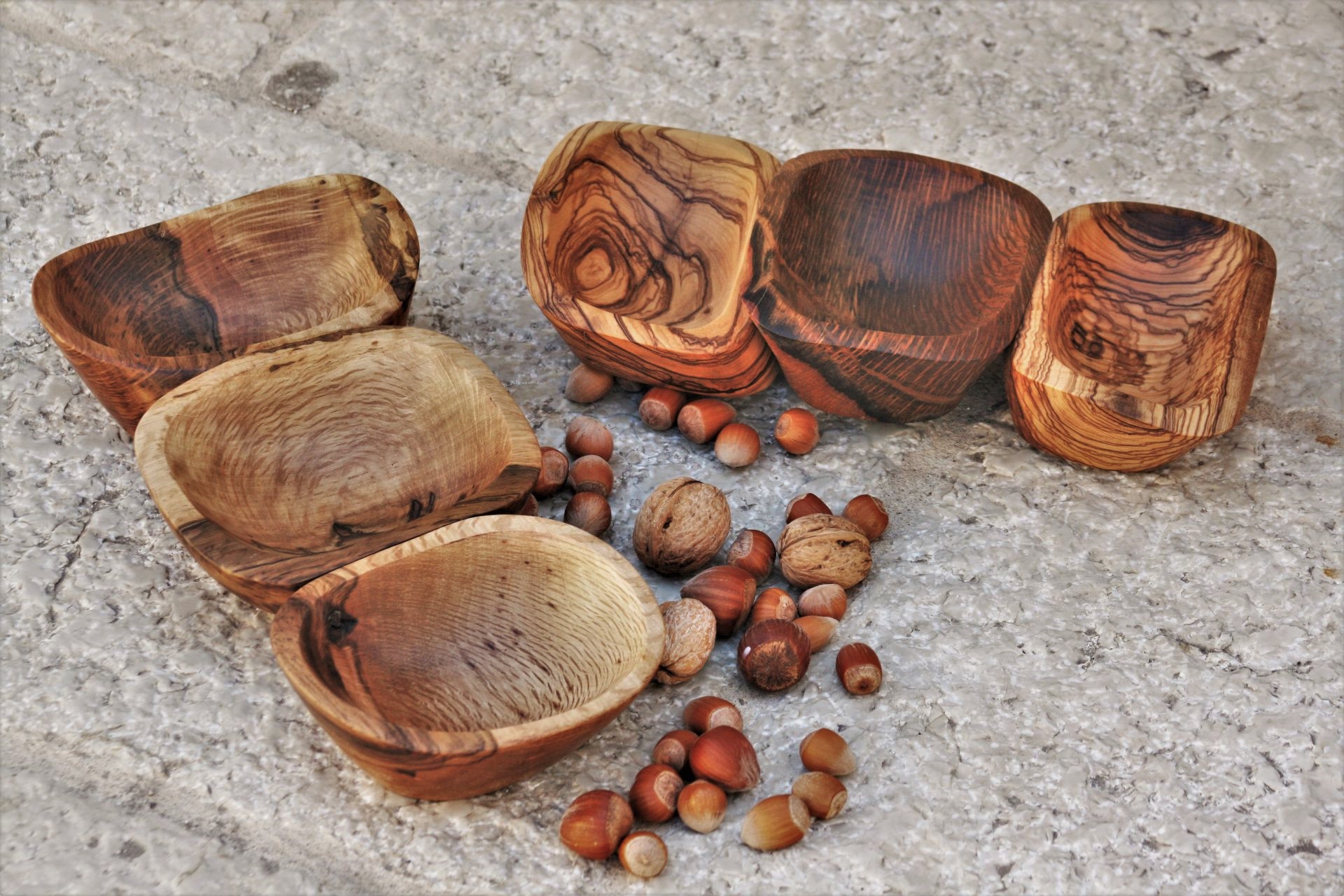 wooden bowls Mediterranean holm oak olive wood combination handmade unique artist design 3 in 1 nut bowl