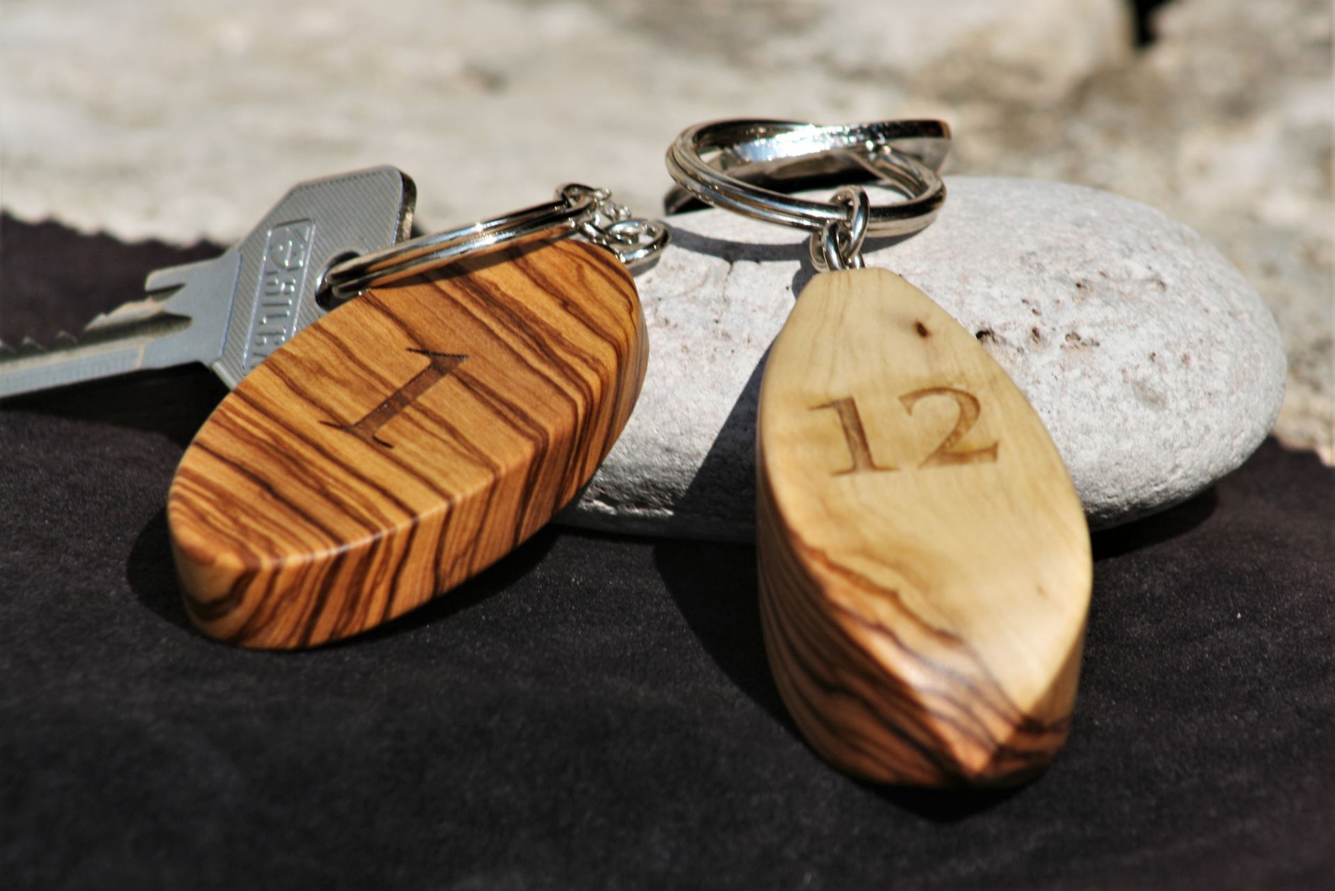 wooden home details olive wood key ring size S & M engraved